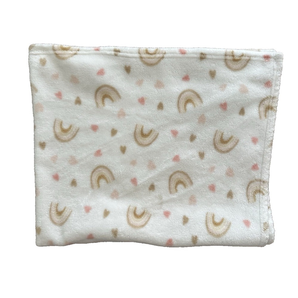 Baby Starters Blanket Rainbows Hearts Pink Beige White 30x36